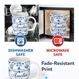 Personalized Custom Name Blue Watercolor Floral Snowflake Botanical Seamless Pattern Name 11oz Ceramic Coffee Tea Mug White Large Handle