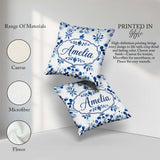 Custom Name Blue Watercolor Snowflake Botanical Seamless Pattern Square Filled Cushion Throw Pillow Sofa Bed Home Decor Zip Washable UK Made