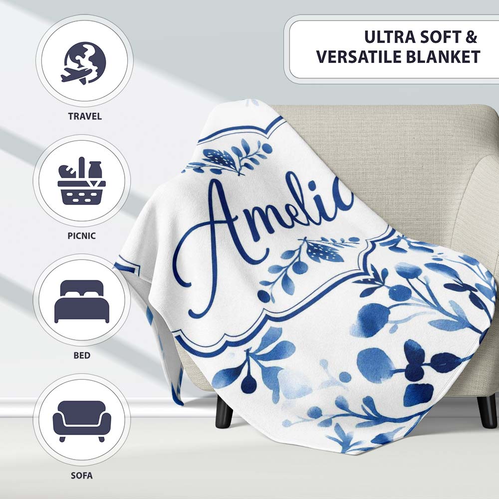 Blue Watercolor Floral Snowflake Botanical Seamless Pattern Name  Personalised Custom Name Super Soft Fleece Blanket Bed Sofa Throw