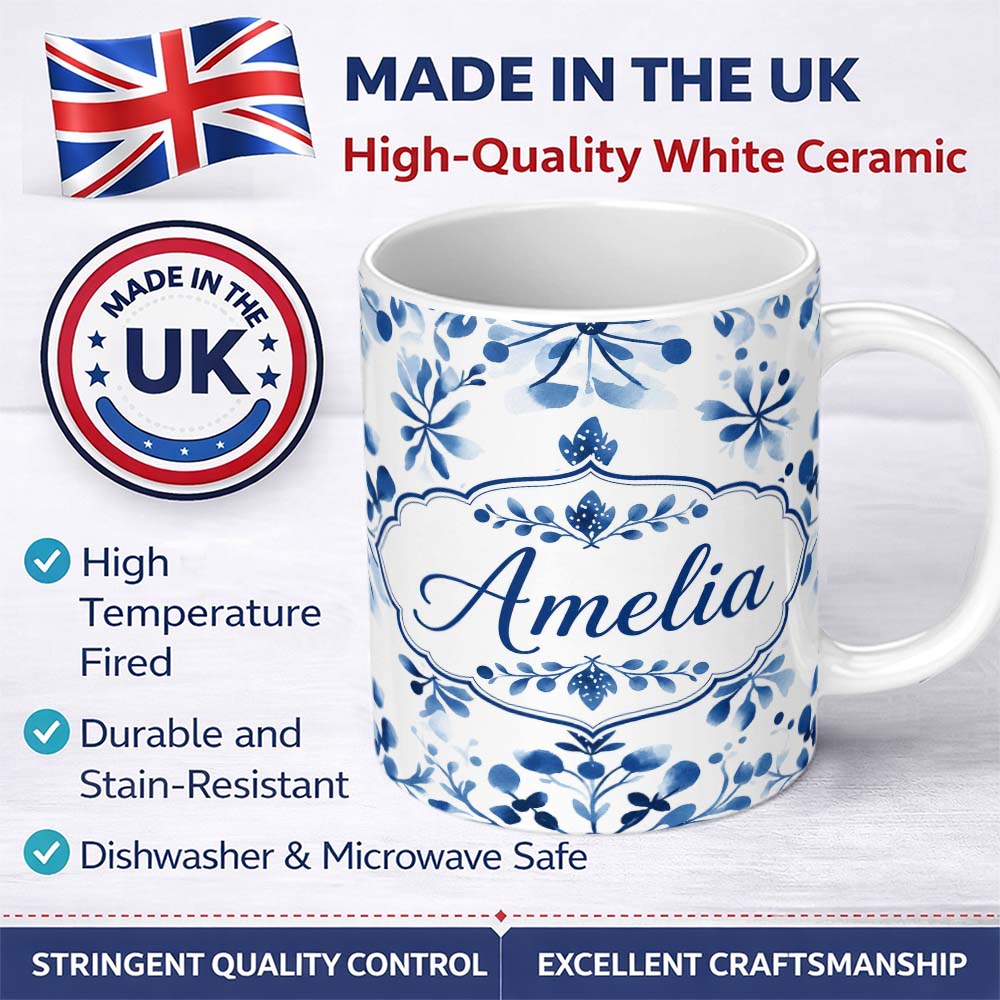 Personalized Custom Name Blue Watercolor Floral Snowflake Botanical Seamless Pattern Name 11oz Ceramic Coffee Tea Mug White Large Handle
