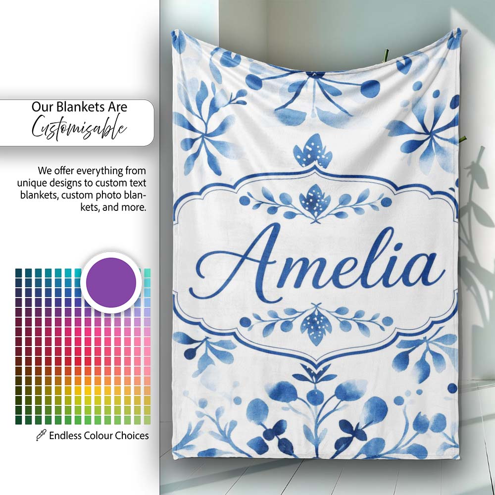 Blue Watercolor Floral Snowflake Botanical Seamless Pattern Name  Personalised Custom Name Super Soft Fleece Blanket Bed Sofa Throw
