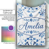 Blue Watercolor Floral Snowflake Botanical Seamless Pattern Name  Personalised Custom Name Super Soft Fleece Blanket Bed Sofa Throw