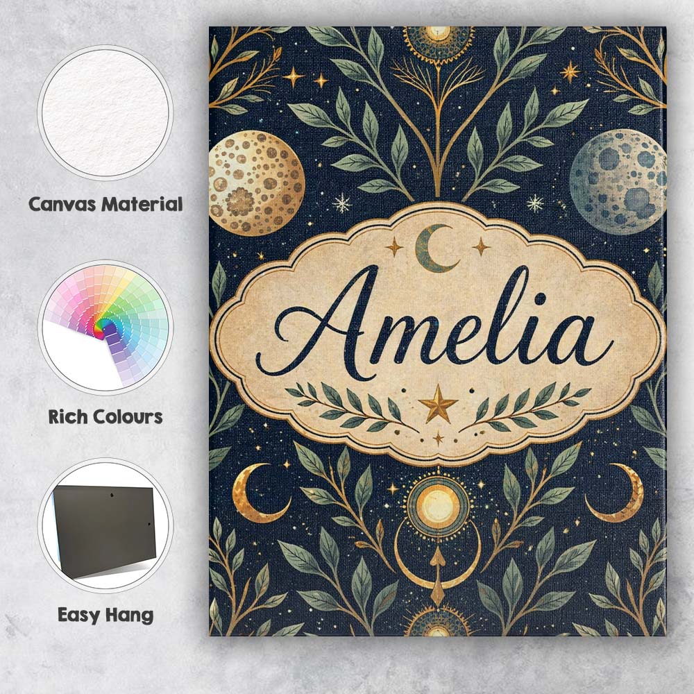 Personalised Name Celestial Botanical Moon Phases Sacred Night Custom Modern Room Accent Canvas Wall Art Print Decor Picture Ready to Hang