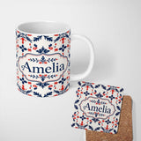 Personalized Custom Name Nordic Folk Art Red Blue Symmetrical Floral Seamless Pattern Name 11oz Ceramic Coffee Tea Mug White Large Handle