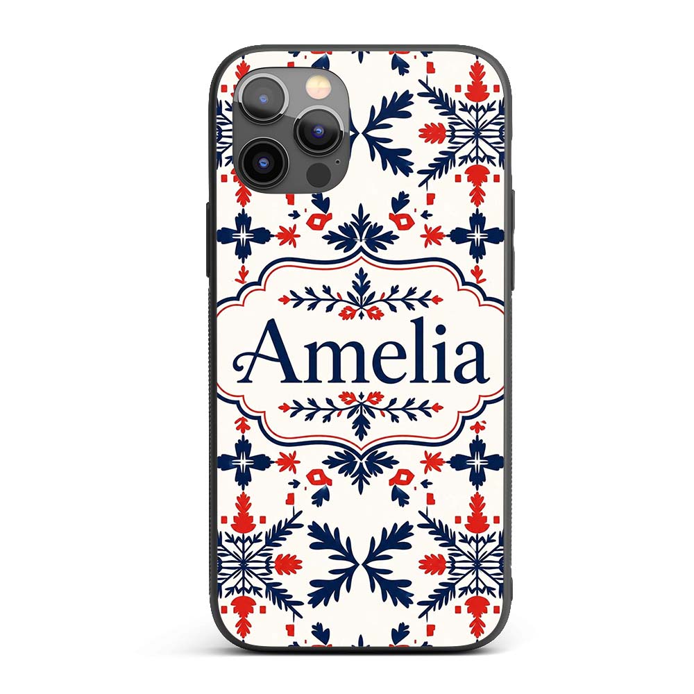 Nordic Folk Art Red Blue Symmetrical Floral Printed Design Custom Name Protective Phone Case Mobile Cover Durable Smartphone Shock Resistant
