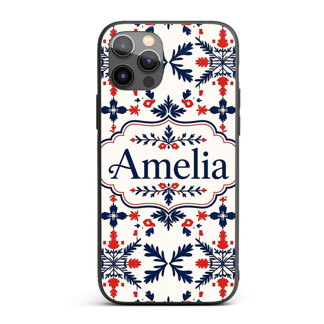 Nordic Folk Art Red Blue Symmetrical Floral Printed Design Custom Name Protective Phone Case Mobile Cover Durable Smartphone Shock Resistant