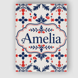 Personalised Name Nordic Folk Red Blue Custom  Modern Room Accent Elegant Feature Canvas Wall Art Print Decor Picture Ready to Hang