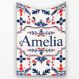 Nordic Folk Art Red Blue Symmetrical Floral Seamless Pattern Name  Personalised Custom Name Super Soft Fleece Blanket Bed Sofa Throw