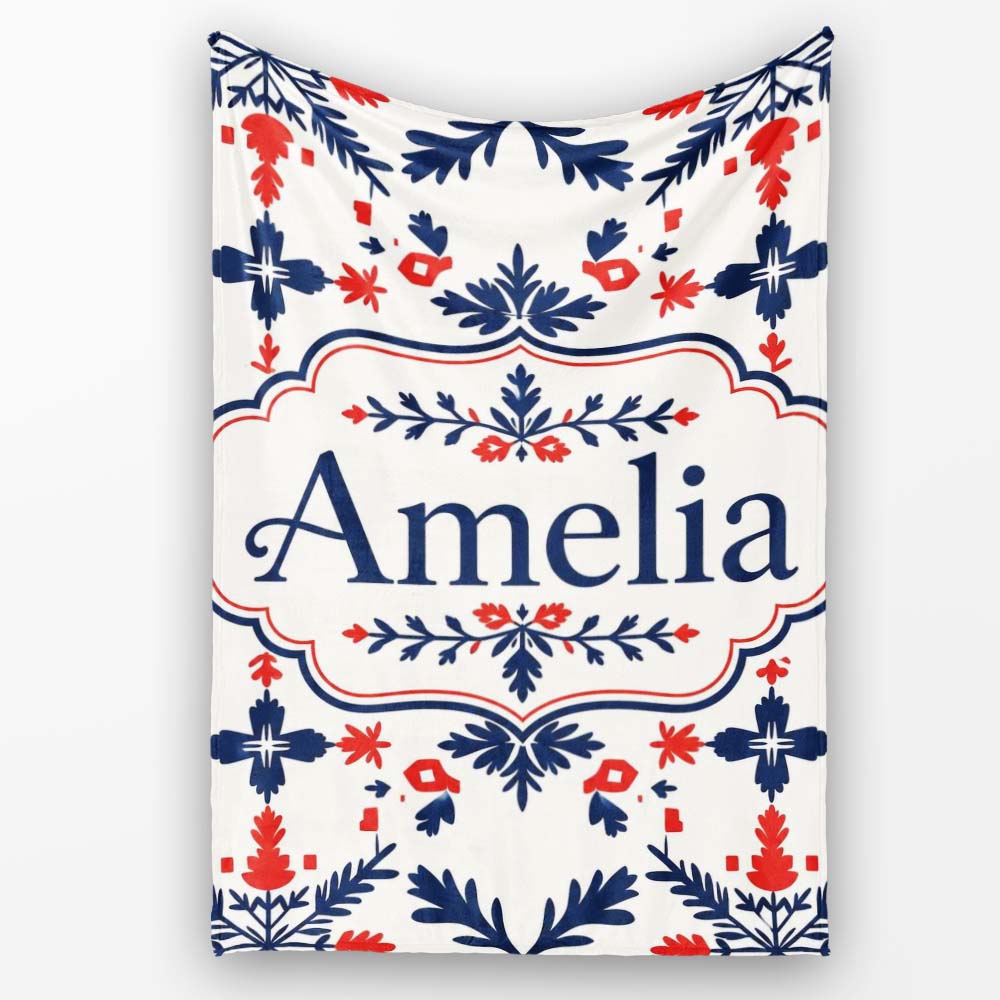 Nordic Folk Art Red Blue Symmetrical Floral Seamless Pattern Name  Personalised Custom Name Super Soft Fleece Blanket Bed Sofa Throw