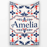 Nordic Folk Art Red Blue Symmetrical Floral Seamless Pattern Name  Personalised Custom Name Super Soft Fleece Blanket Bed Sofa Throw