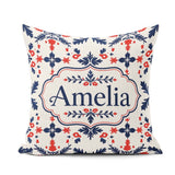 Custom Name Nordic Folk Art Red Blue Symmetrical Floral Seamless Square Filled Cushion Throw Pillow Sofa Bed Home Decor Zip Washable UK Made