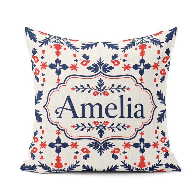 Custom Name Nordic Folk Art Red Blue Symmetrical Floral Seamless Square Filled Cushion Throw Pillow Sofa Bed Home Decor Zip Washable UK Made