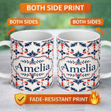 Personalized Custom Name Nordic Folk Art Red Blue Symmetrical Floral Seamless Pattern Name 11oz Ceramic Coffee Tea Mug White Large Handle