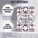 Personalised Name Nordic Folk Red Blue Custom  Modern Room Accent Elegant Feature Canvas Wall Art Print Decor Picture Ready to Hang