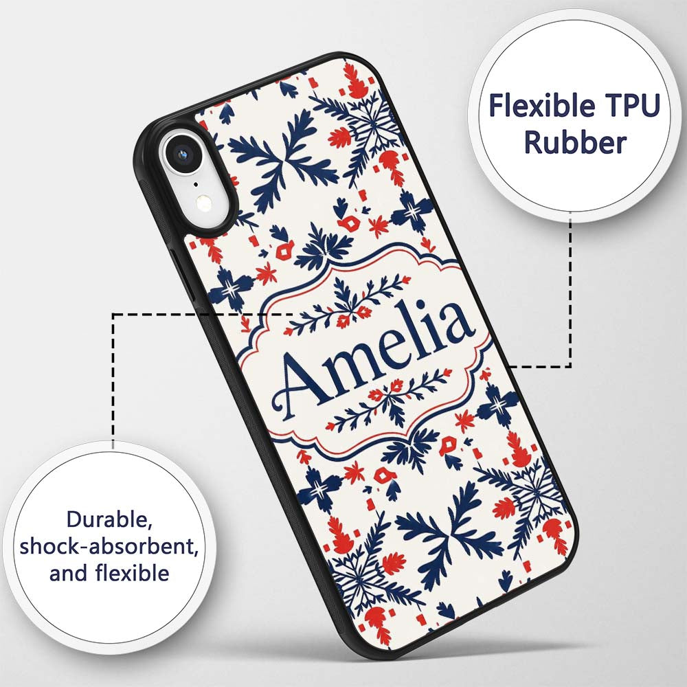 Nordic Folk Art Red Blue Symmetrical Floral Printed Design Custom Name Protective Phone Case Mobile Cover Durable Smartphone Shock Resistant