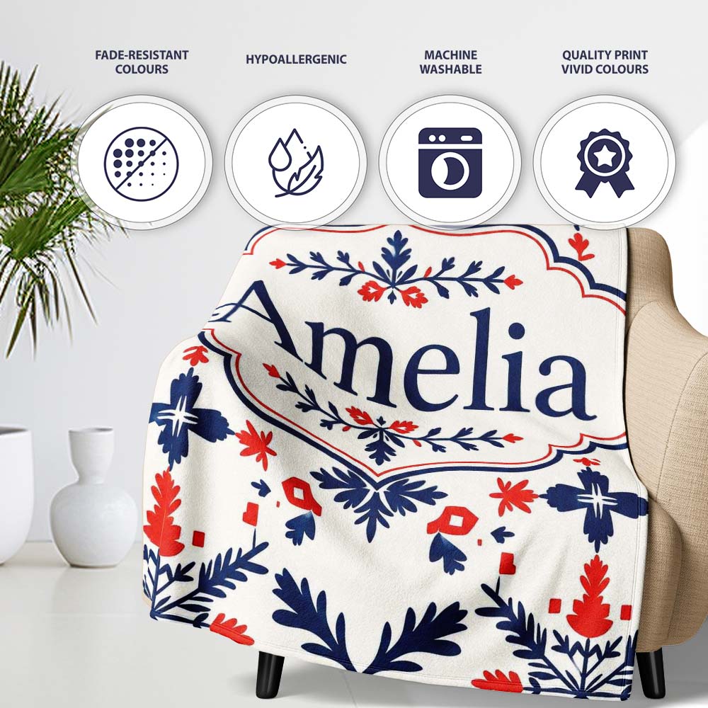 Nordic Folk Art Red Blue Symmetrical Floral Seamless Pattern Name  Personalised Custom Name Super Soft Fleece Blanket Bed Sofa Throw