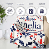 Nordic Folk Art Red Blue Symmetrical Floral Seamless Pattern Name  Personalised Custom Name Super Soft Fleece Blanket Bed Sofa Throw