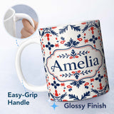 Personalized Custom Name Nordic Folk Art Red Blue Symmetrical Floral Seamless Pattern Name 11oz Ceramic Coffee Tea Mug White Large Handle