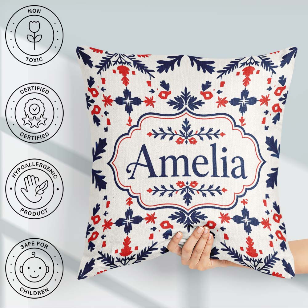 Custom Name Nordic Folk Art Red Blue Symmetrical Floral Seamless Square Filled Cushion Throw Pillow Sofa Bed Home Decor Zip Washable UK Made