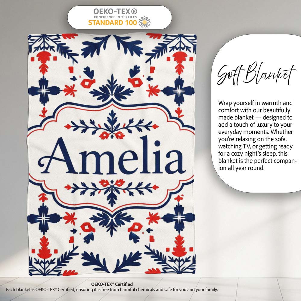 Nordic Folk Art Red Blue Symmetrical Floral Seamless Pattern Name  Personalised Custom Name Super Soft Fleece Blanket Bed Sofa Throw