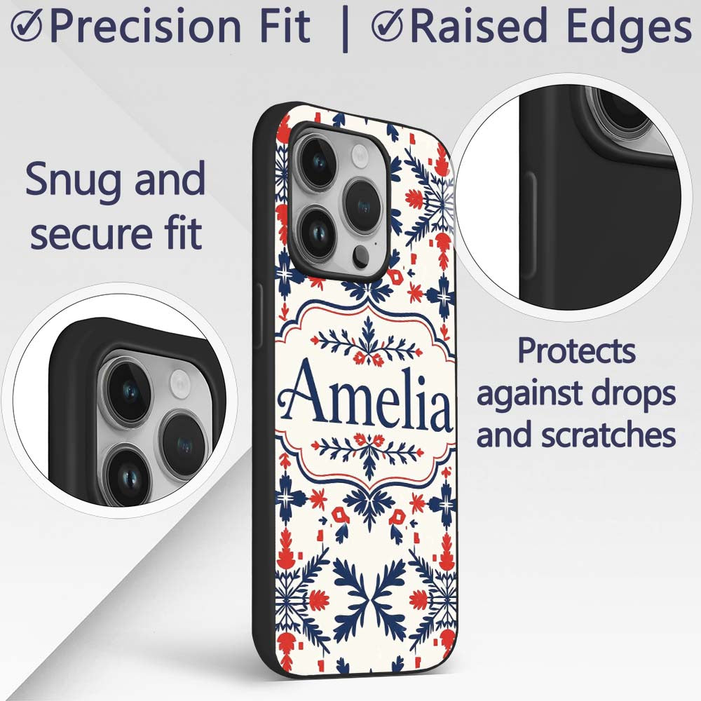 Nordic Folk Art Red Blue Symmetrical Floral Printed Design Custom Name Protective Phone Case Mobile Cover Durable Smartphone Shock Resistant
