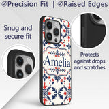 Nordic Folk Art Red Blue Symmetrical Floral Printed Design Custom Name Protective Phone Case Mobile Cover Durable Smartphone Shock Resistant