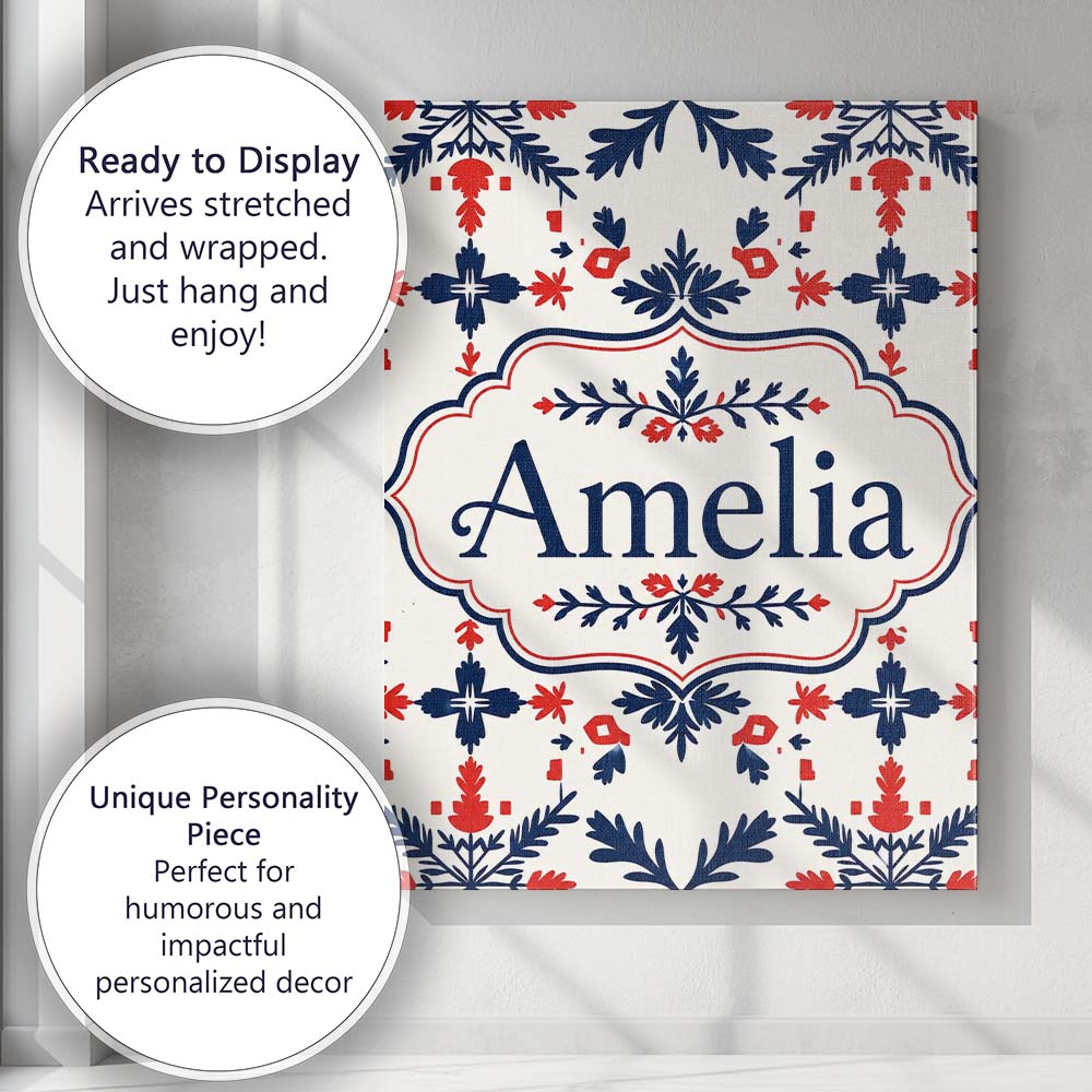 Personalised Name Nordic Folk Red Blue Custom  Modern Room Accent Elegant Feature Canvas Wall Art Print Decor Picture Ready to Hang