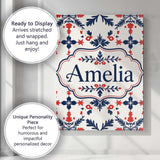 Personalised Name Nordic Folk Red Blue Custom  Modern Room Accent Elegant Feature Canvas Wall Art Print Decor Picture Ready to Hang