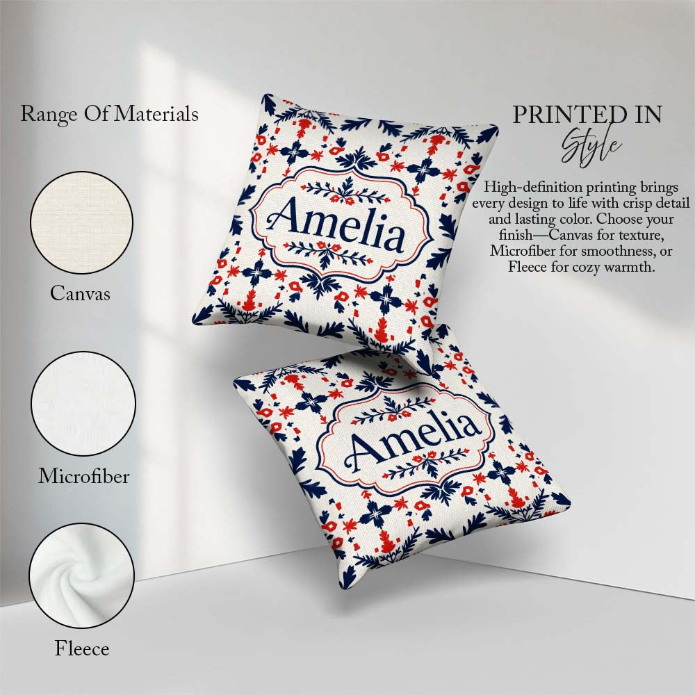 Custom Name Nordic Folk Art Red Blue Symmetrical Floral Seamless Square Filled Cushion Throw Pillow Sofa Bed Home Decor Zip Washable UK Made