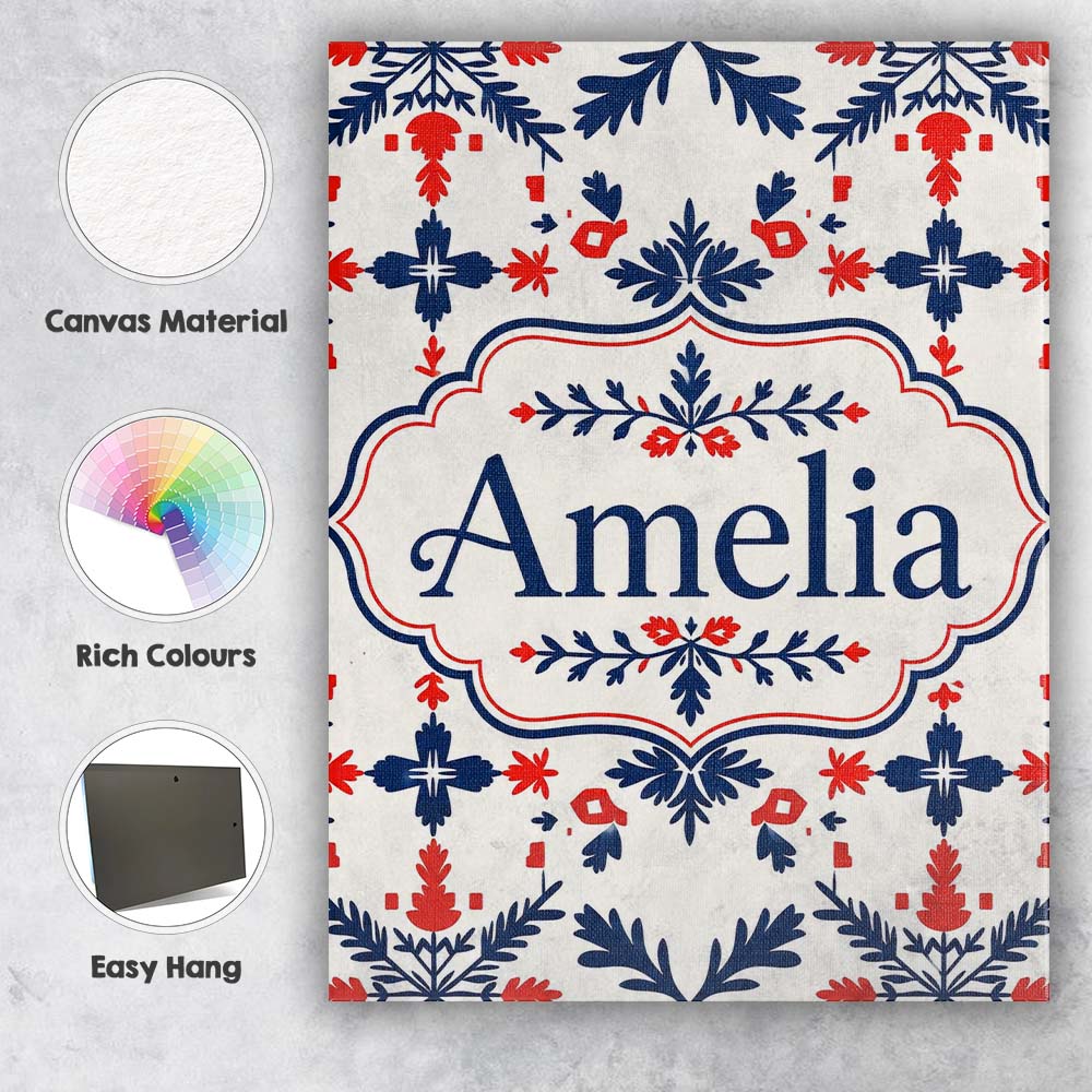 Personalised Name Nordic Folk Red Blue Custom  Modern Room Accent Elegant Feature Canvas Wall Art Print Decor Picture Ready to Hang