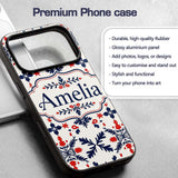 Nordic Folk Art Red Blue Symmetrical Floral Printed Design Custom Name Protective Phone Case Mobile Cover Durable Smartphone Shock Resistant