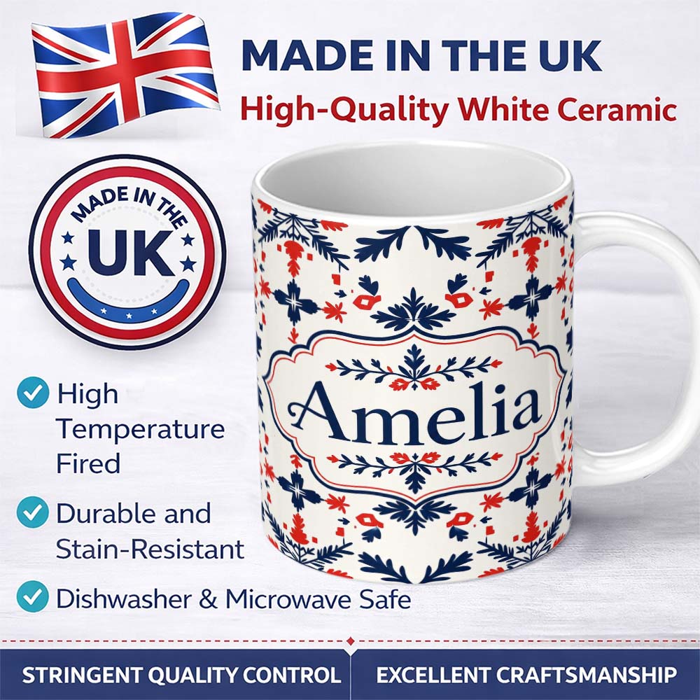 Personalized Custom Name Nordic Folk Art Red Blue Symmetrical Floral Seamless Pattern Name 11oz Ceramic Coffee Tea Mug White Large Handle