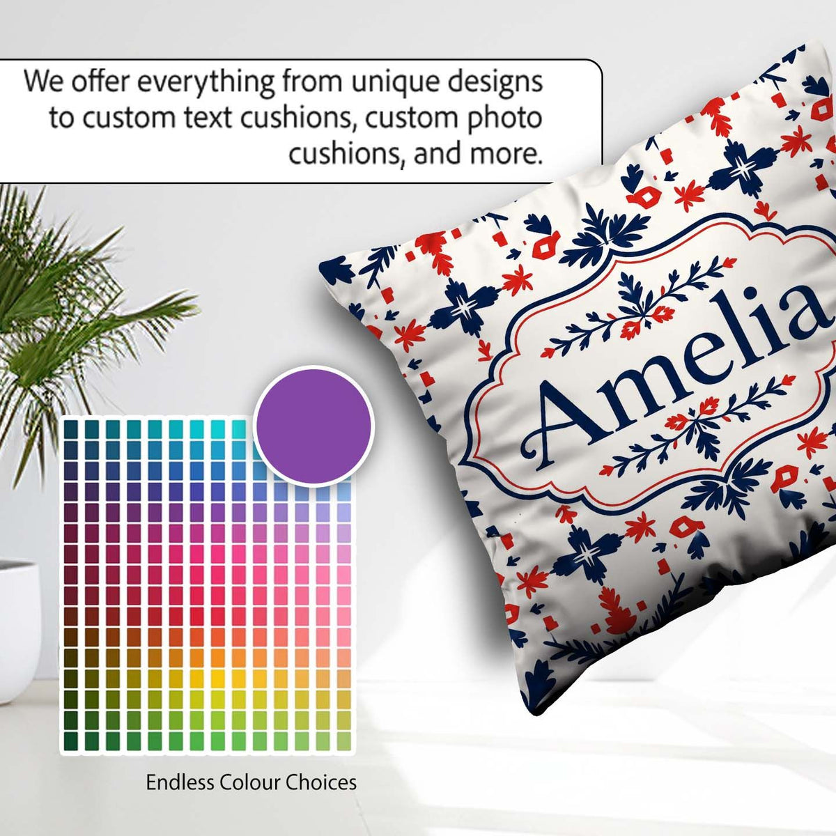 Custom Name Nordic Folk Art Red Blue Symmetrical Floral Seamless Square Filled Cushion Throw Pillow Sofa Bed Home Decor Zip Washable UK Made