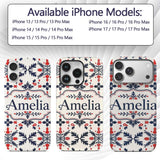 Nordic Folk Art Red Blue Symmetrical Floral Printed Design Custom Name Protective Phone Case Mobile Cover Durable Smartphone Shock Resistant