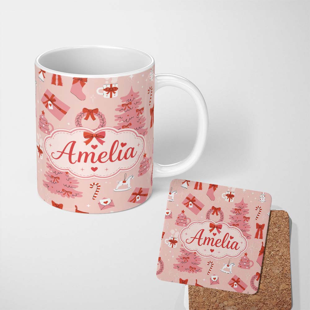 Personalized Custom Name Cute Pink Christmas Trees Gifts Candy Canes Festive Seamless Pattern 11oz Ceramic Coffee Tea Mug White Large Handle