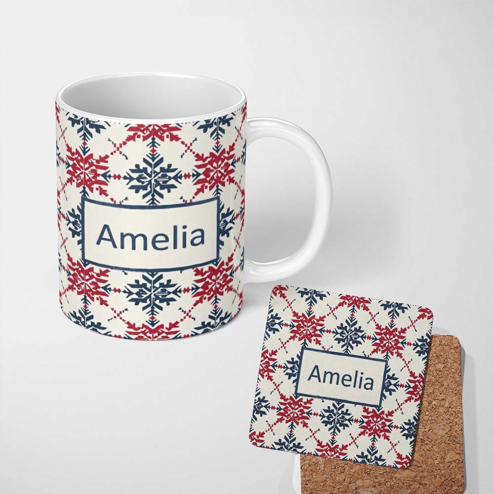 Personalized Custom Name Scandinavian Folk Snowflake Red Blue Repeat Seamless Pattern Name 11oz Ceramic Coffee Tea Mug White Large Handle