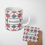 Personalized Custom Name Scandinavian Folk Snowflake Red Blue Repeat Seamless Pattern Name 11oz Ceramic Coffee Tea Mug White Large Handle