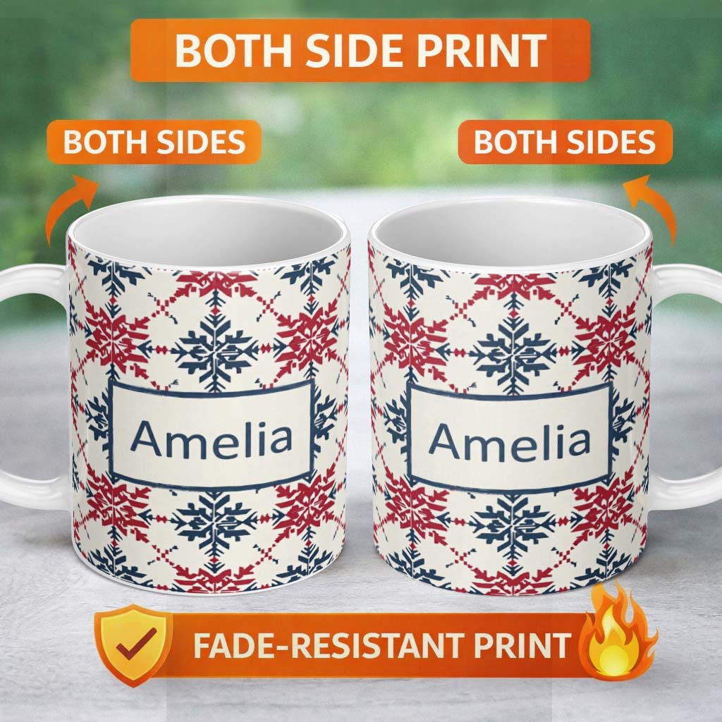Personalized Custom Name Scandinavian Folk Snowflake Red Blue Repeat Seamless Pattern Name 11oz Ceramic Coffee Tea Mug White Large Handle