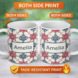 Personalized Custom Name Scandinavian Folk Snowflake Red Blue Repeat Seamless Pattern Name 11oz Ceramic Coffee Tea Mug White Large Handle