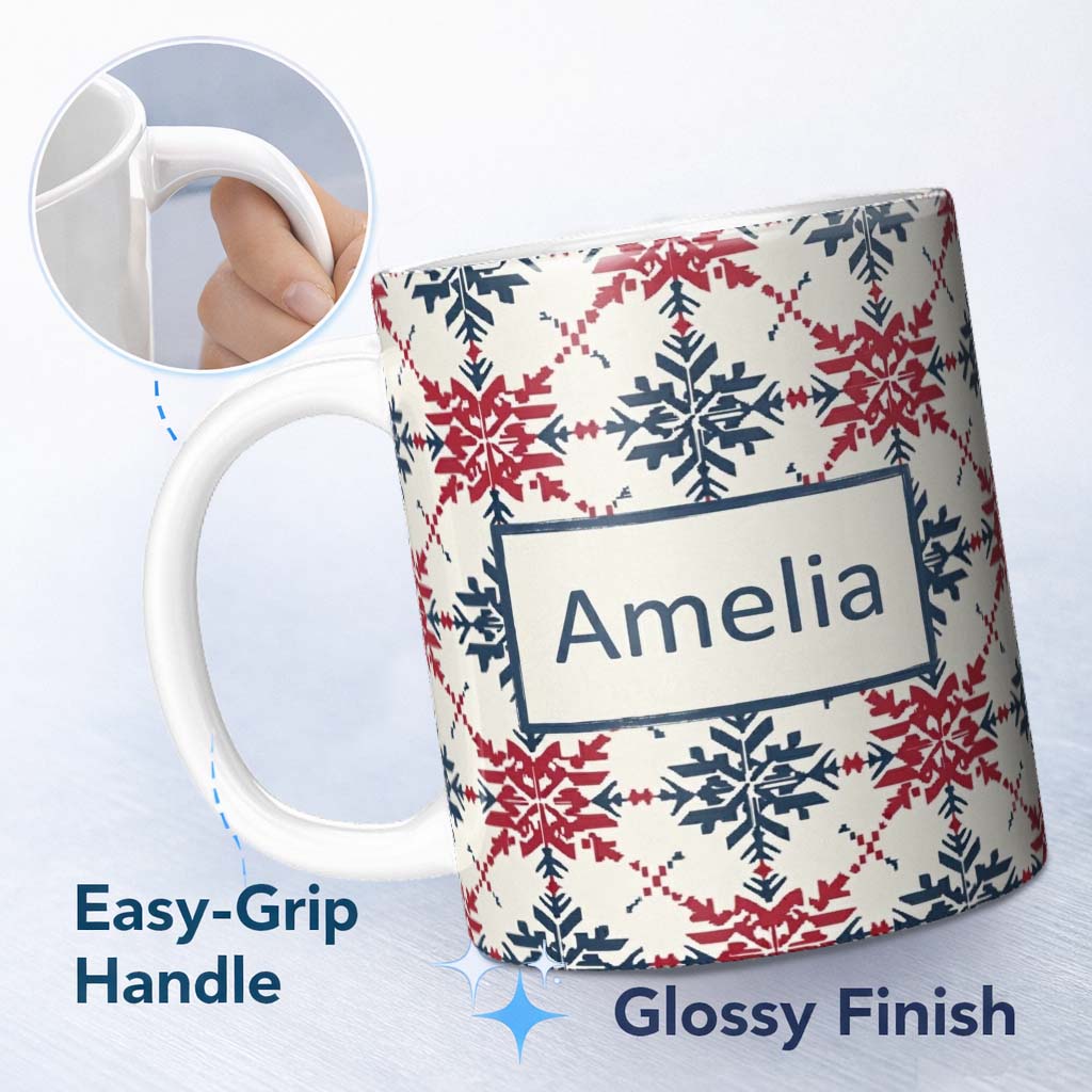 Personalized Custom Name Scandinavian Folk Snowflake Red Blue Repeat Seamless Pattern Name 11oz Ceramic Coffee Tea Mug White Large Handle
