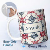 Personalized Custom Name Scandinavian Folk Snowflake Red Blue Repeat Seamless Pattern Name 11oz Ceramic Coffee Tea Mug White Large Handle