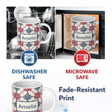 Personalized Custom Name Scandinavian Folk Snowflake Red Blue Repeat Seamless Pattern Name 11oz Ceramic Coffee Tea Mug White Large Handle
