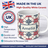Personalized Custom Name Scandinavian Folk Snowflake Red Blue Repeat Seamless Pattern Name 11oz Ceramic Coffee Tea Mug White Large Handle
