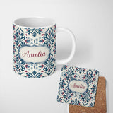 Personalized Custom Name Decorative Folk Floral Symmetry Blue Red Seamless Pattern Custom 11oz Ceramic Coffee Tea Mug White Large Handle