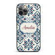 Decorative Folk Floral Symmetry Blue Red Seamless Custom Name Protective Phone Case Mobile Cover Durable Everyday Smartphone Shock Resistant
