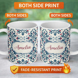 Personalized Custom Name Decorative Folk Floral Symmetry Blue Red Seamless Pattern Custom 11oz Ceramic Coffee Tea Mug White Large Handle