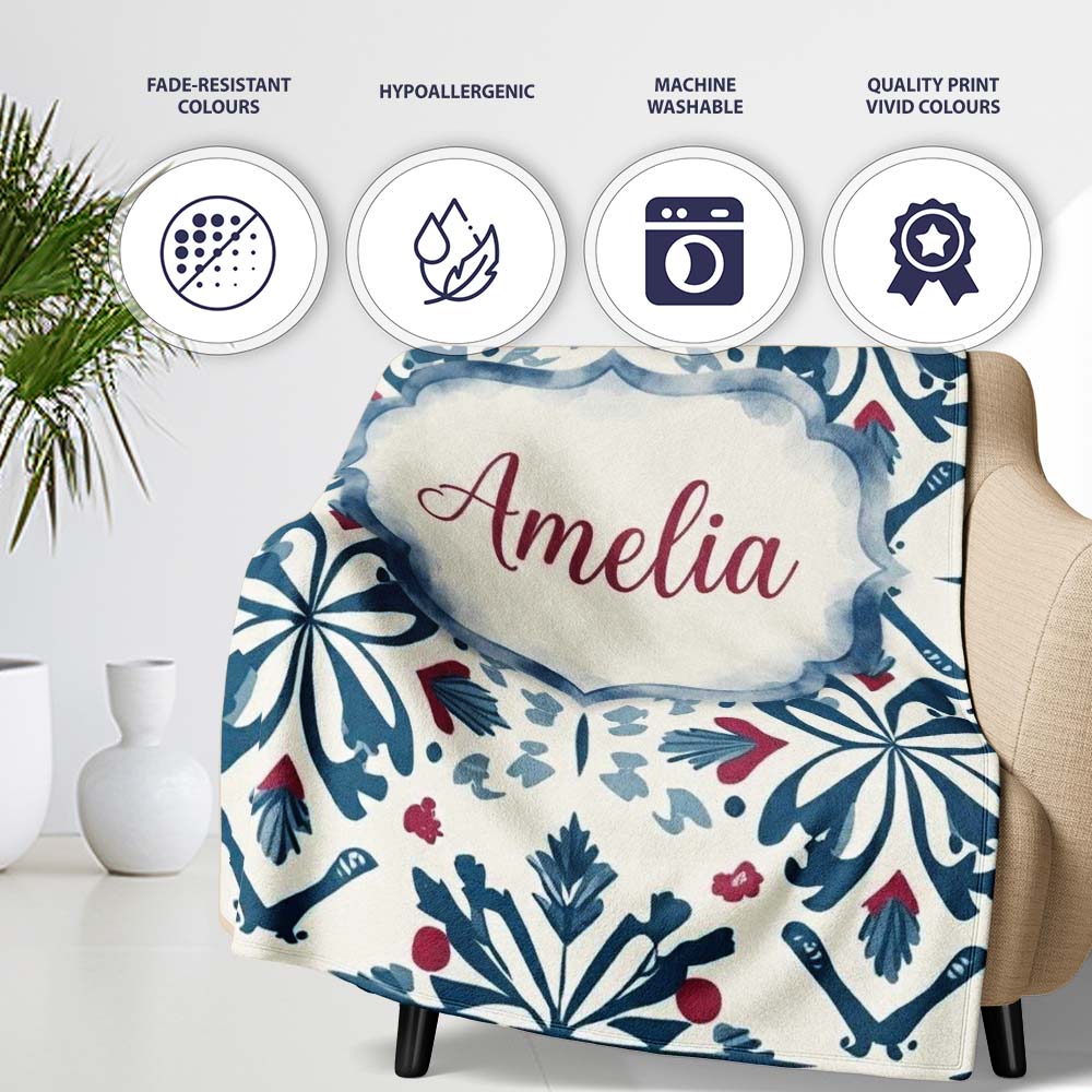 Decorative Folk Floral Symmetry Blue Red Seamless Pattern Custom  Personalised Custom Name Super Soft Fleece Blanket Bed Sofa Throw