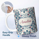 Personalized Custom Name Decorative Folk Floral Symmetry Blue Red Seamless Pattern Custom 11oz Ceramic Coffee Tea Mug White Large Handle