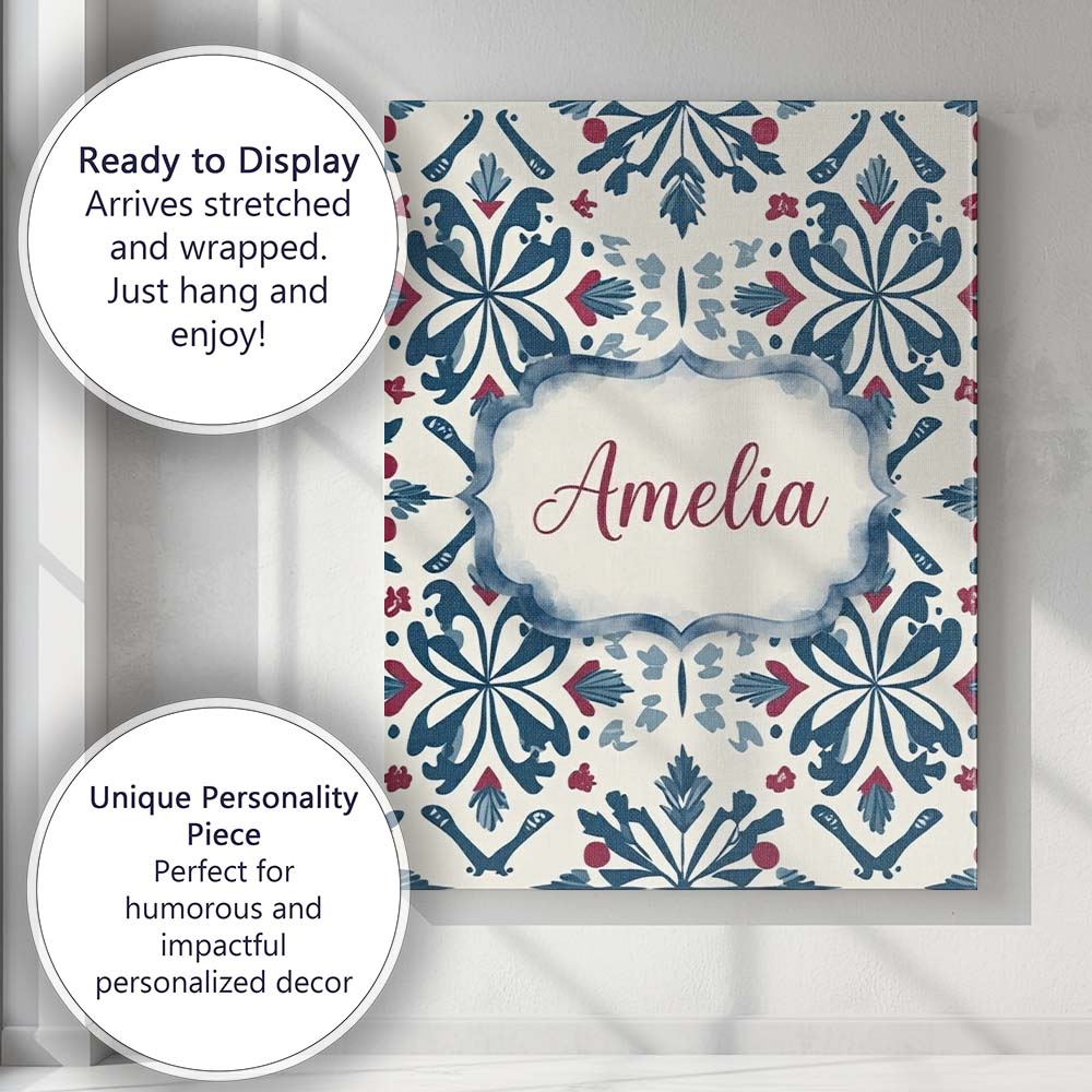 Personalised Name Decorative Folk Floral Custom  Unique Gift Idea Elegant Feature Canvas Wall Art Print Decor Picture Ready to Hang