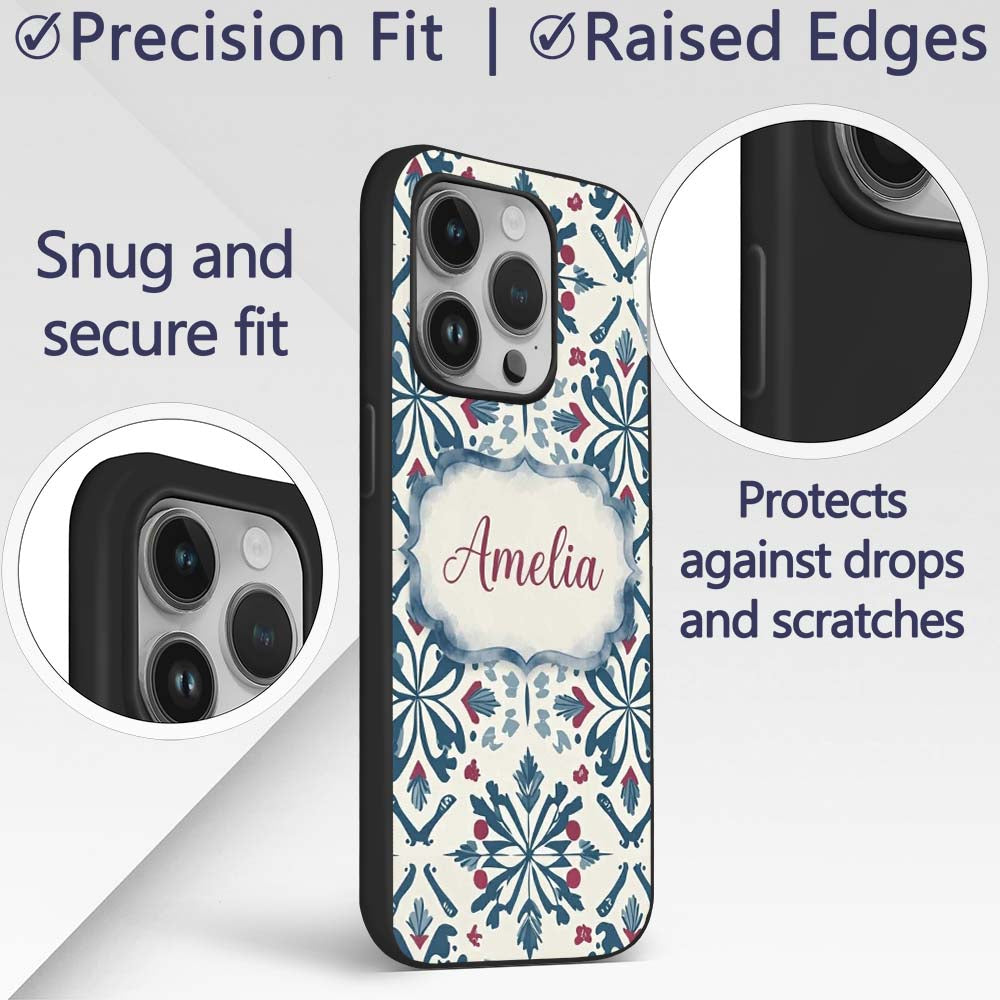 Decorative Folk Floral Symmetry Blue Red Seamless Custom Name Protective Phone Case Mobile Cover Durable Everyday Smartphone Shock Resistant